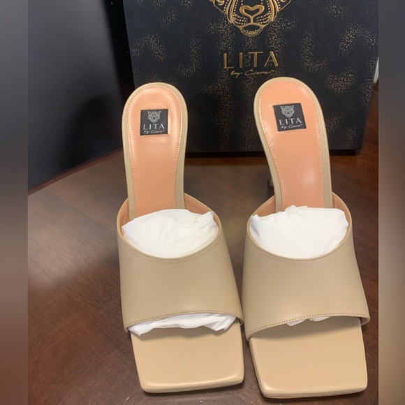 NIB Lita By Ciara /Revolve Square Toe Slide Heel Sandal Size 42/11 Tan 4” Heel - Picture 10 of 11